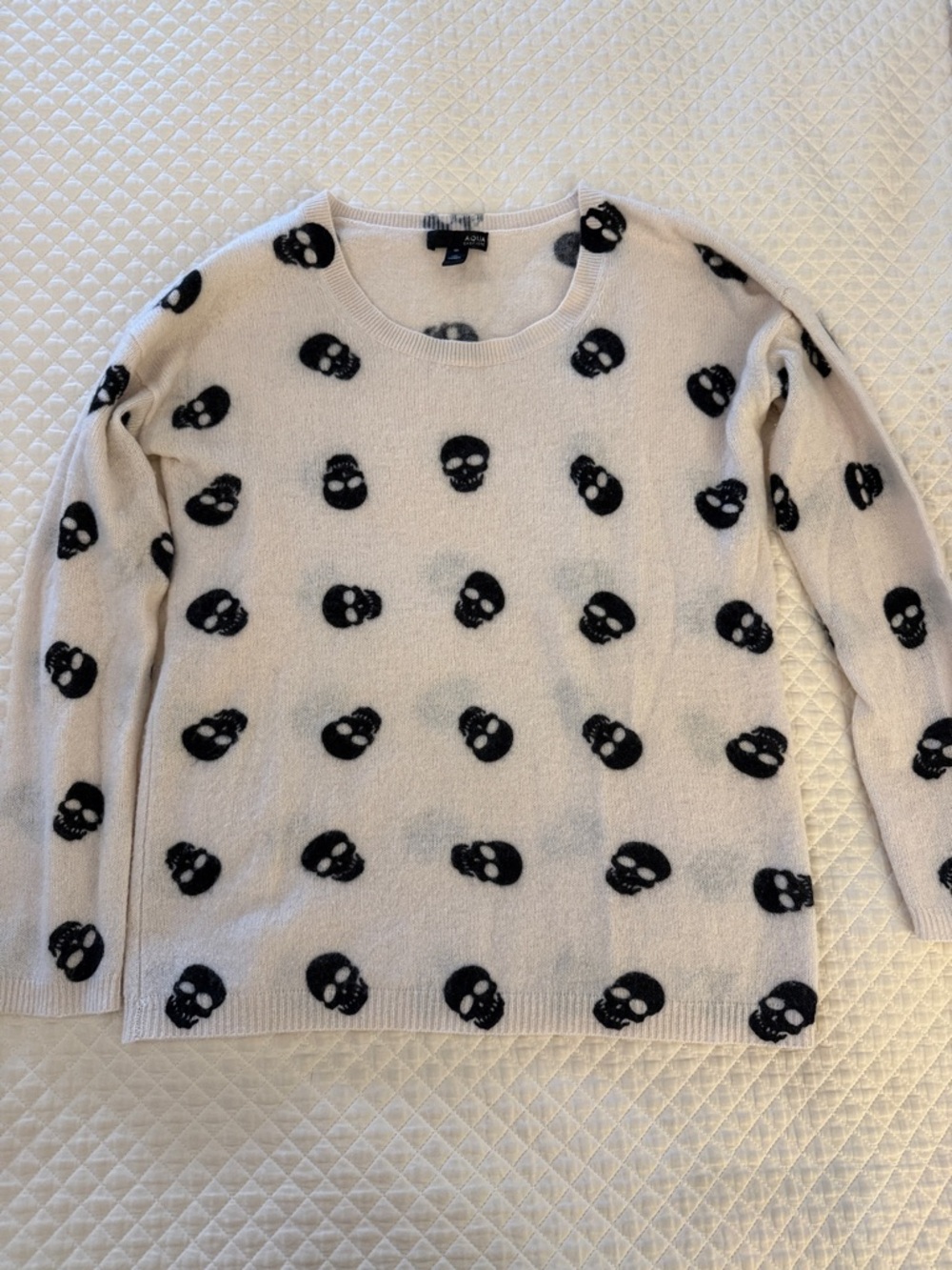 Aqua Cashmere Cream Skull Pattern Crewneck Sweater